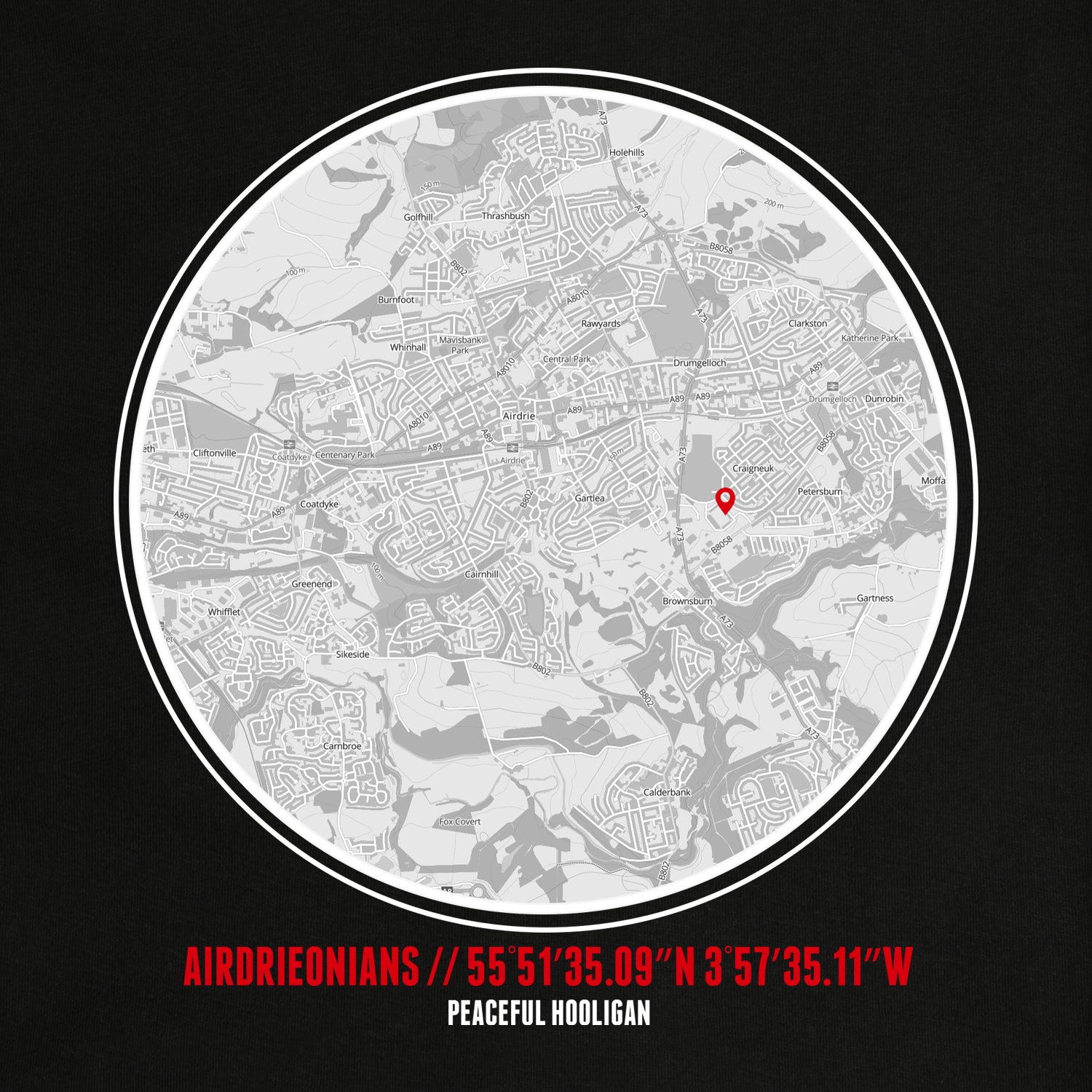 Airdrieonians Location T-Shirt Black - Peaceful Hooligan