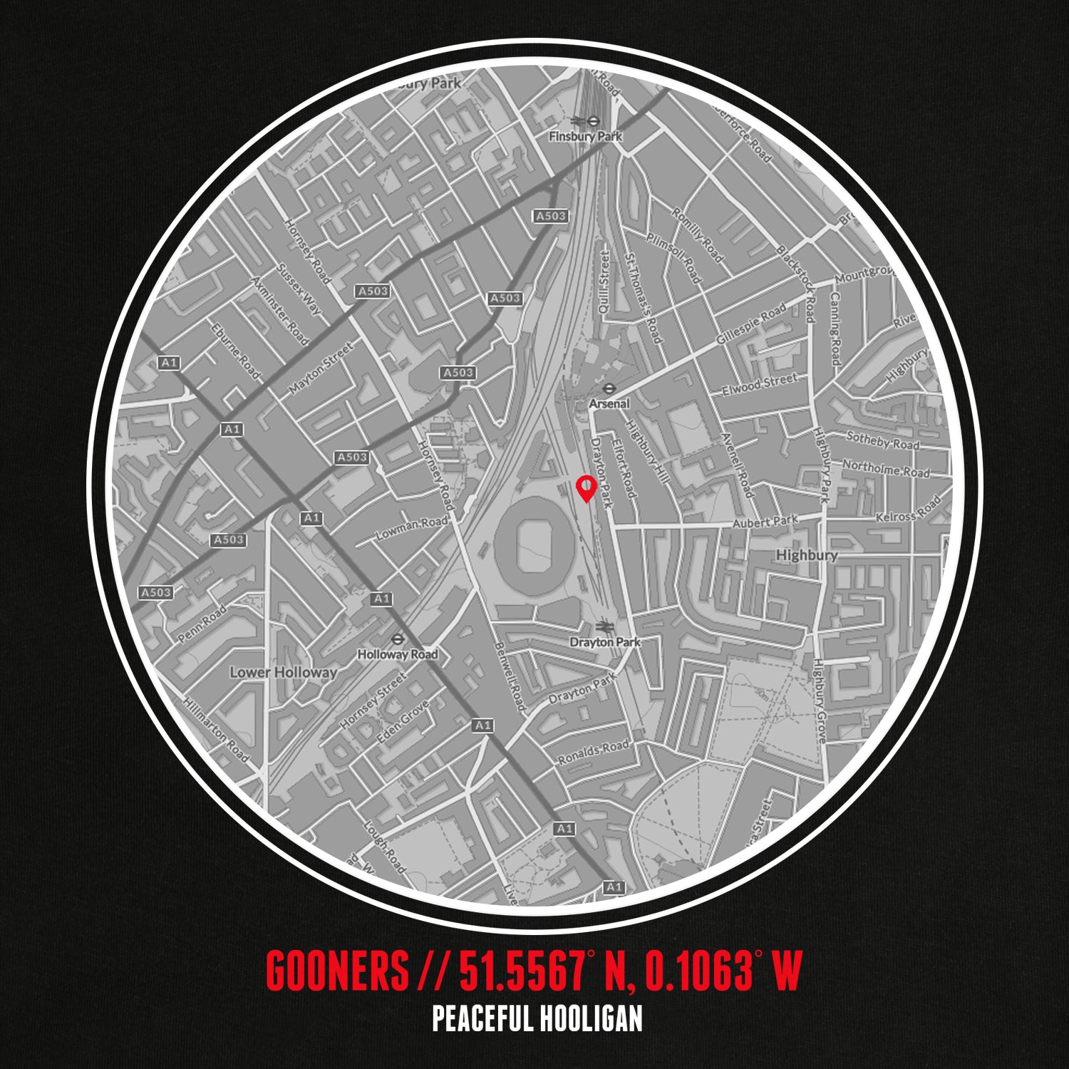 Gooners Location Hoodie Black - Peaceful Hooligan