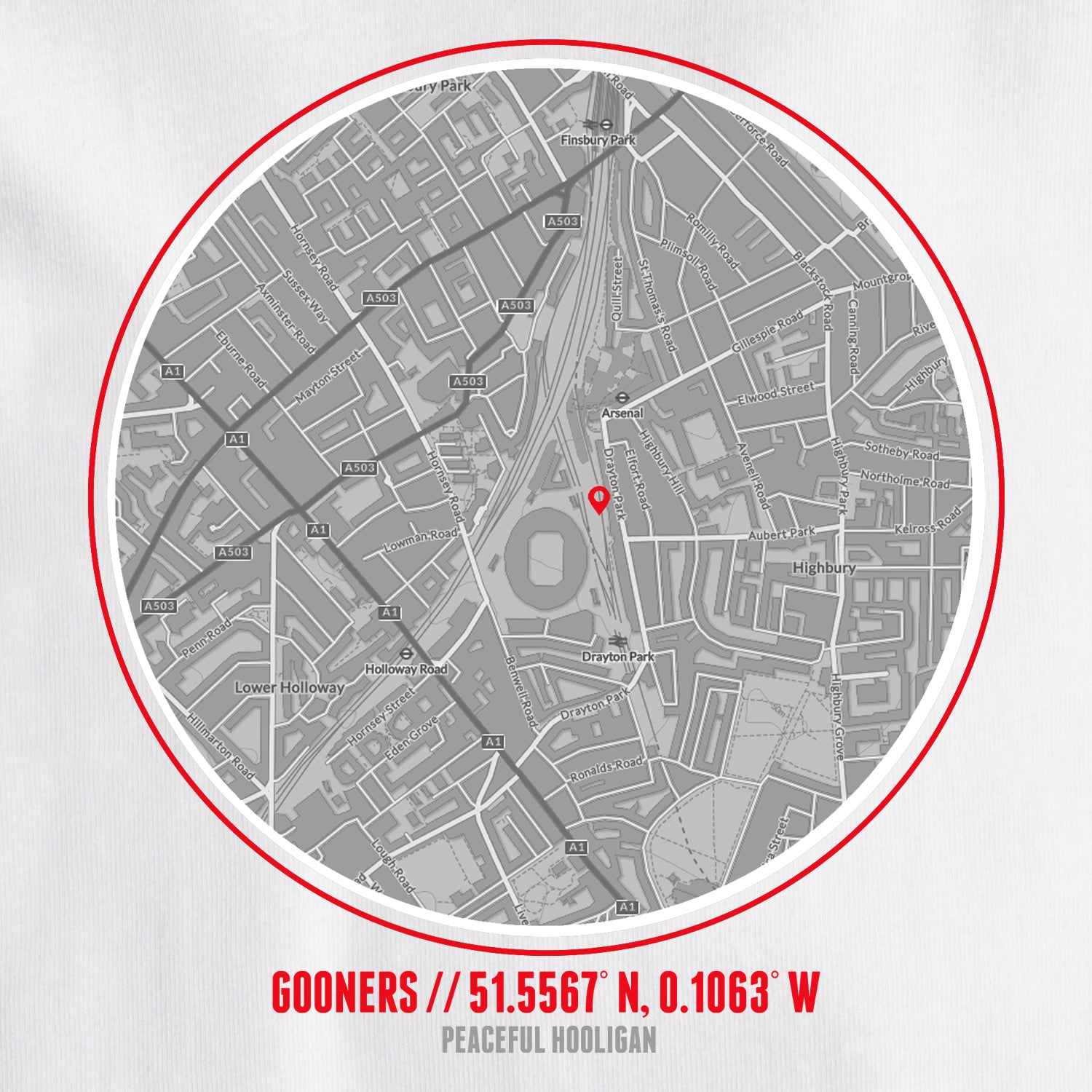 Gooners Location T-Shirt White - Peaceful Hooligan