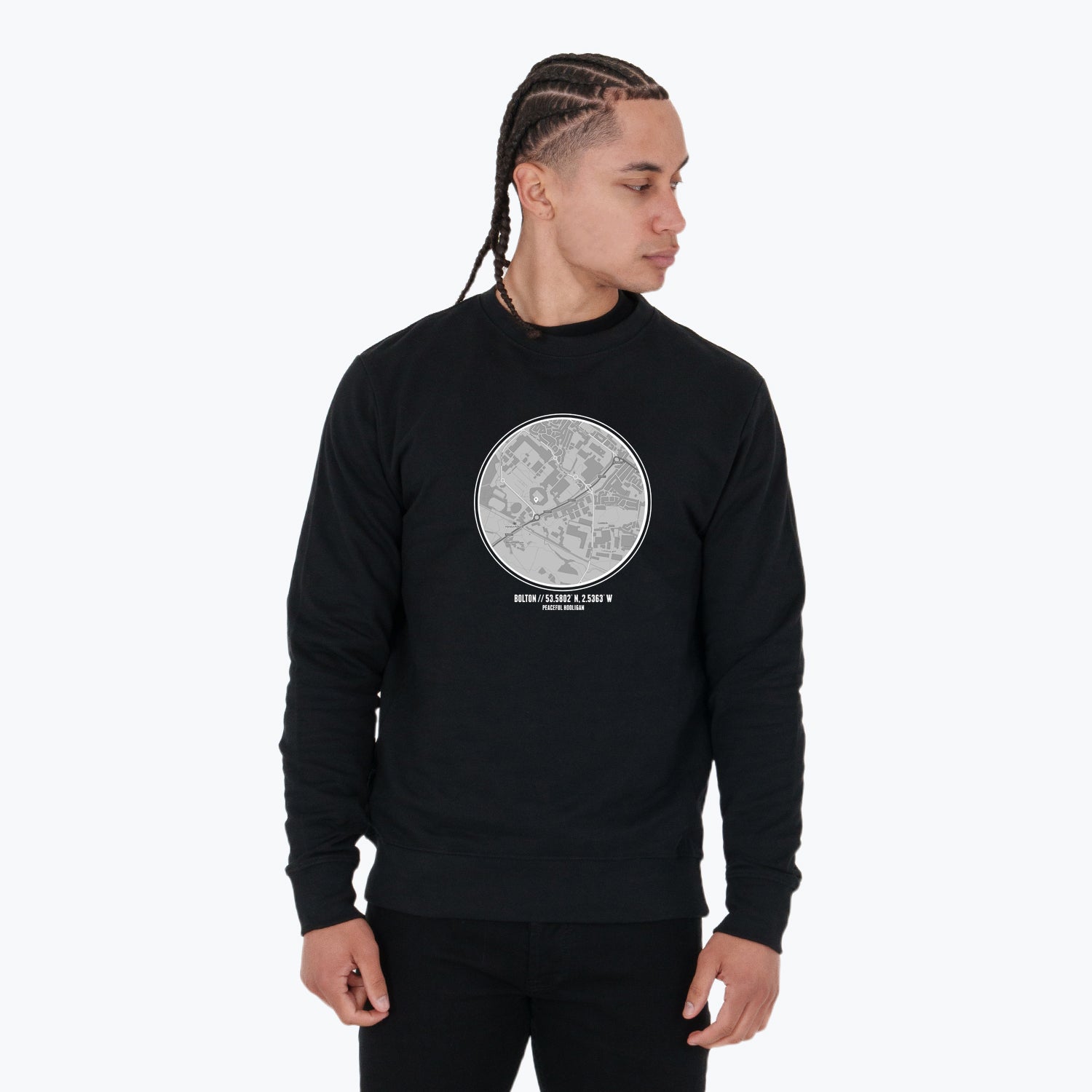 Bolton Location Sweatshirt Black - Peaceful Hooligan