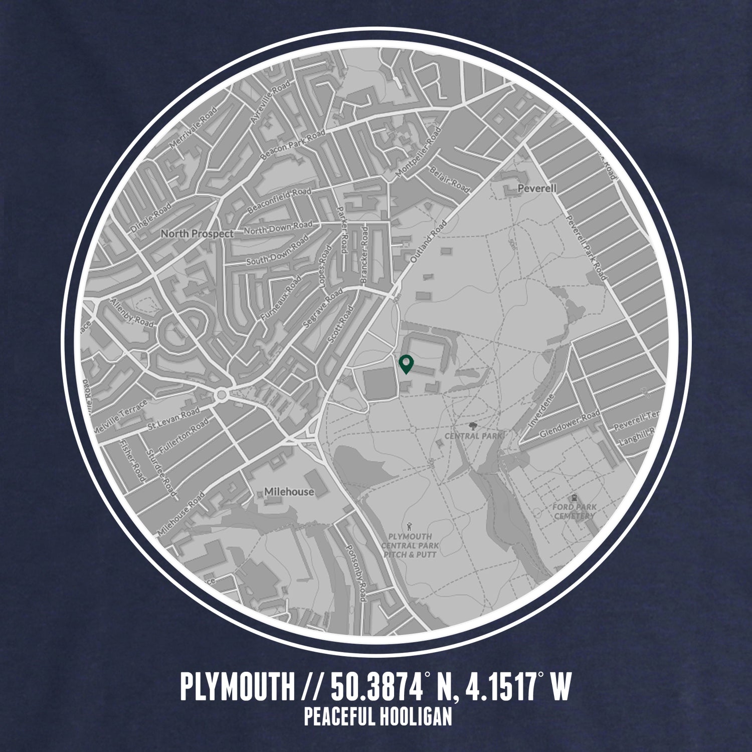 Plymouth Location Hoodie Navy - Peaceful Hooligan