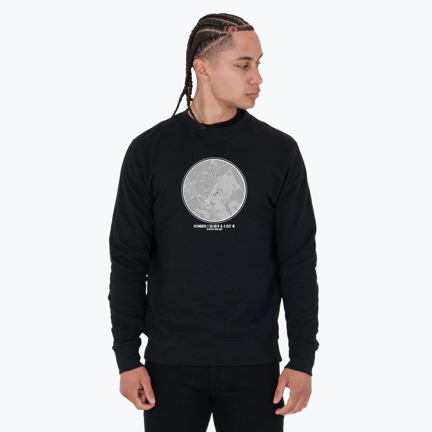 Plymouth Location Sweatshirt Black - Peaceful Hooligan