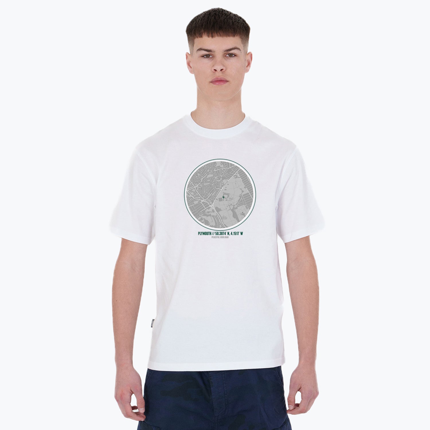 Plymouth Location T-Shirt White - Peaceful Hooligan