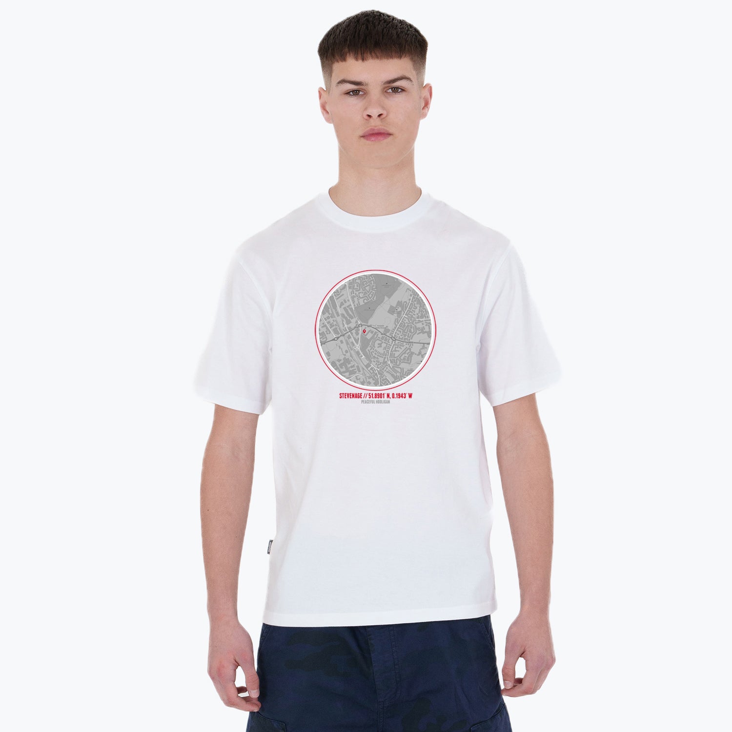 Stevenage Location T-Shirt White - Peaceful Hooligan