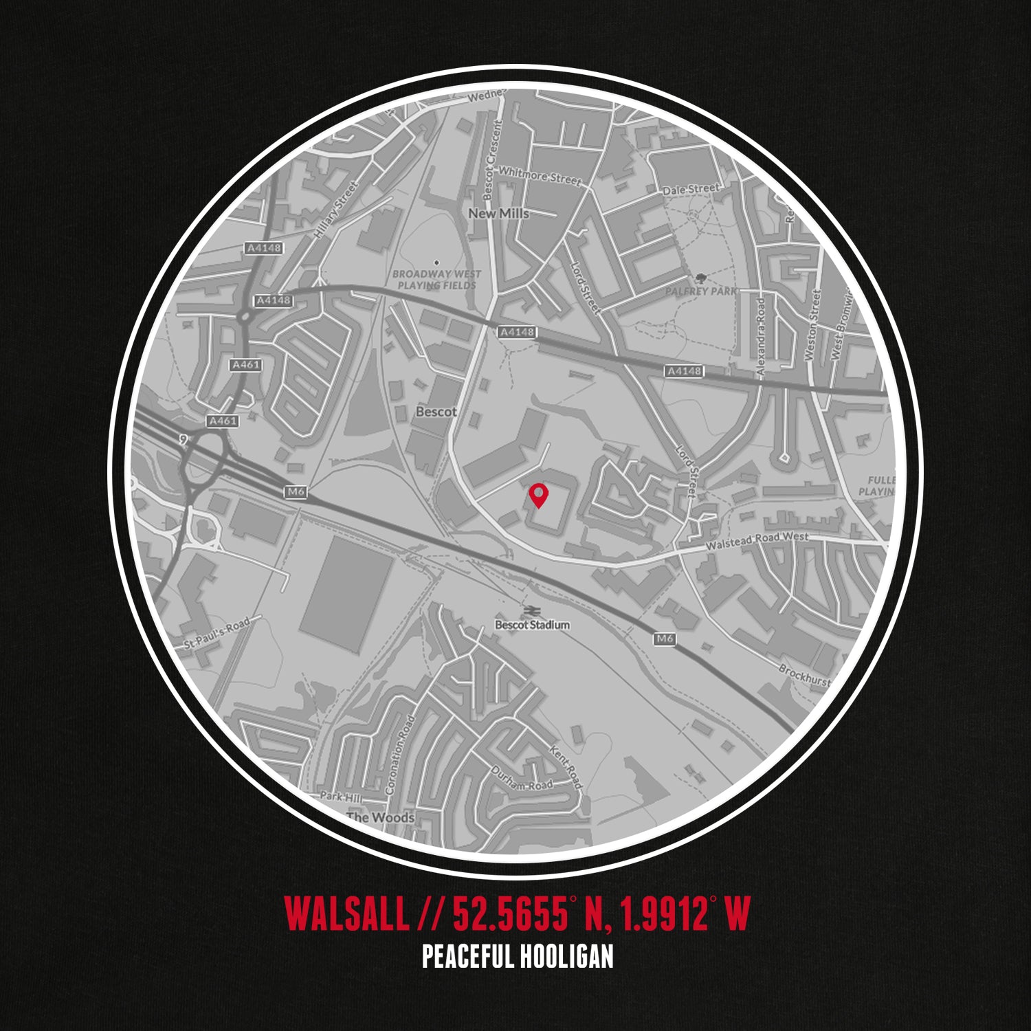 Walsall Location T-Shirt Black - Peaceful Hooligan