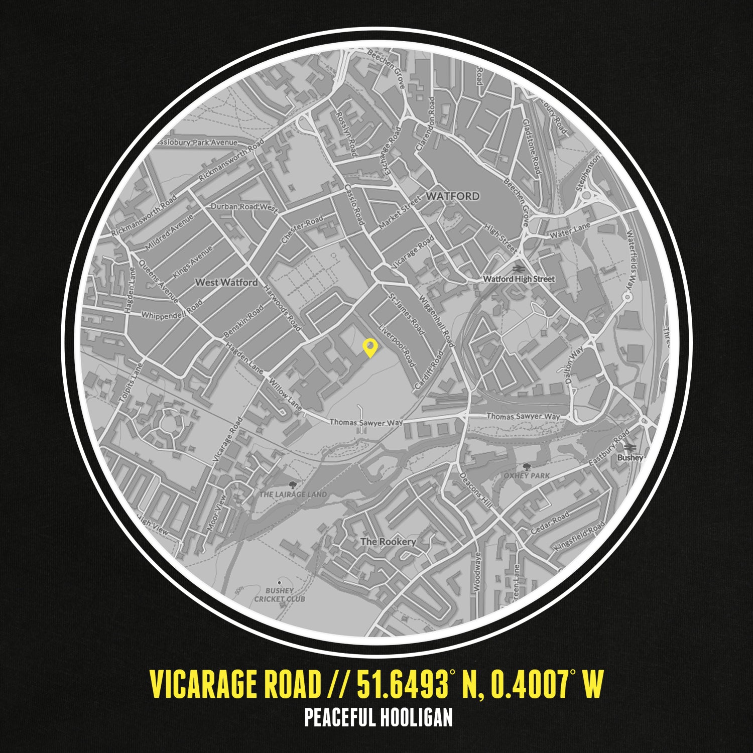 Vicarage Road Location Hoodie Black - Peaceful Hooligan