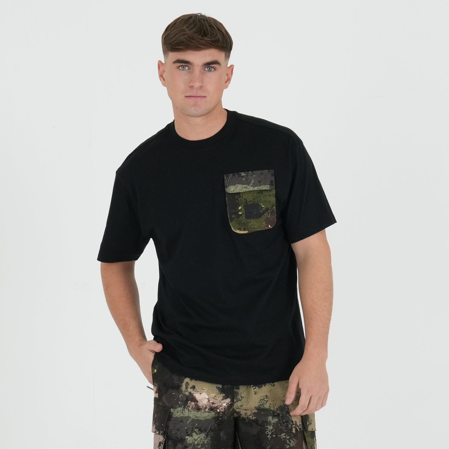 Bomber T-Shirt Black / Woodland Camo - Peaceful Hooligan