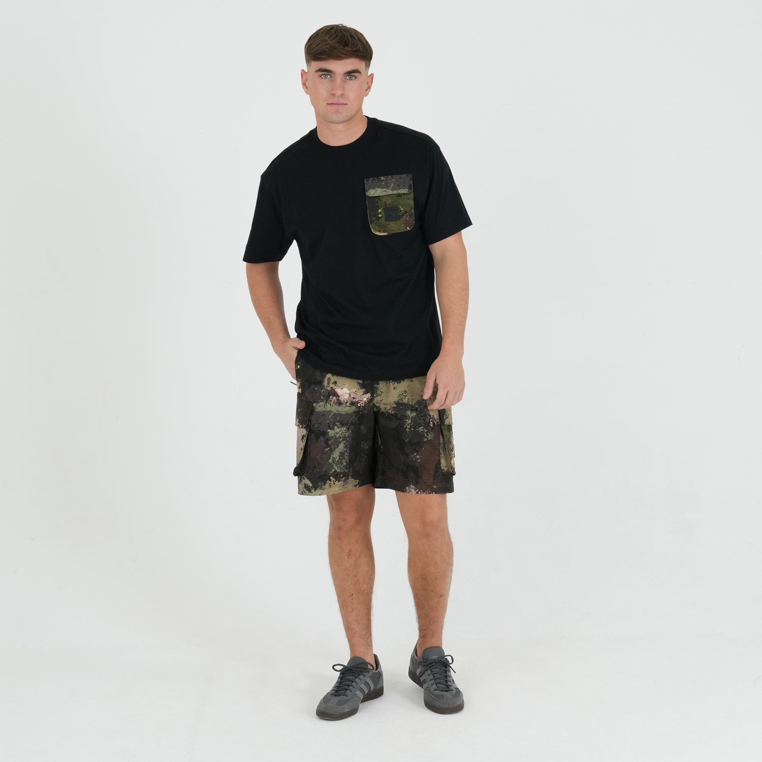 Bomber T-Shirt Black / Woodland Camo - Peaceful Hooligan