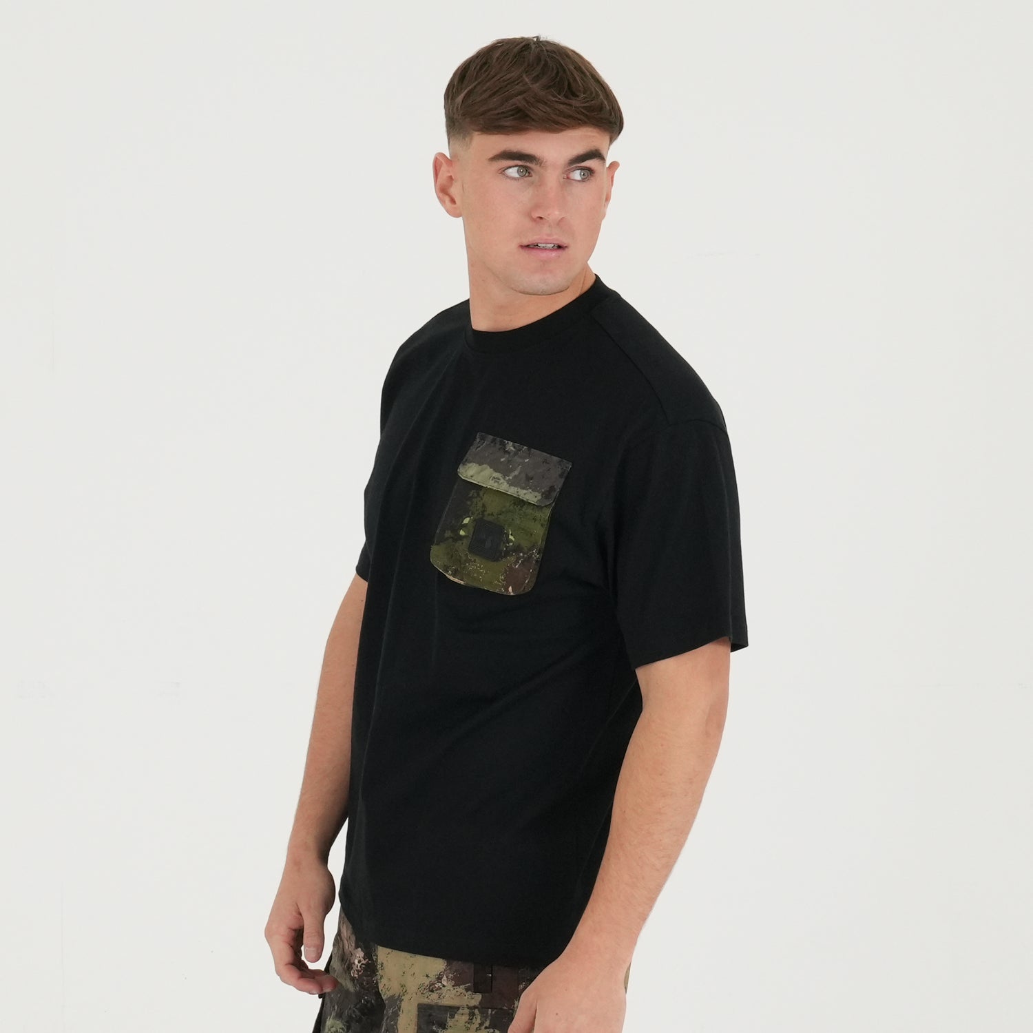 Bomber T-Shirt Black / Woodland Camo - Peaceful Hooligan