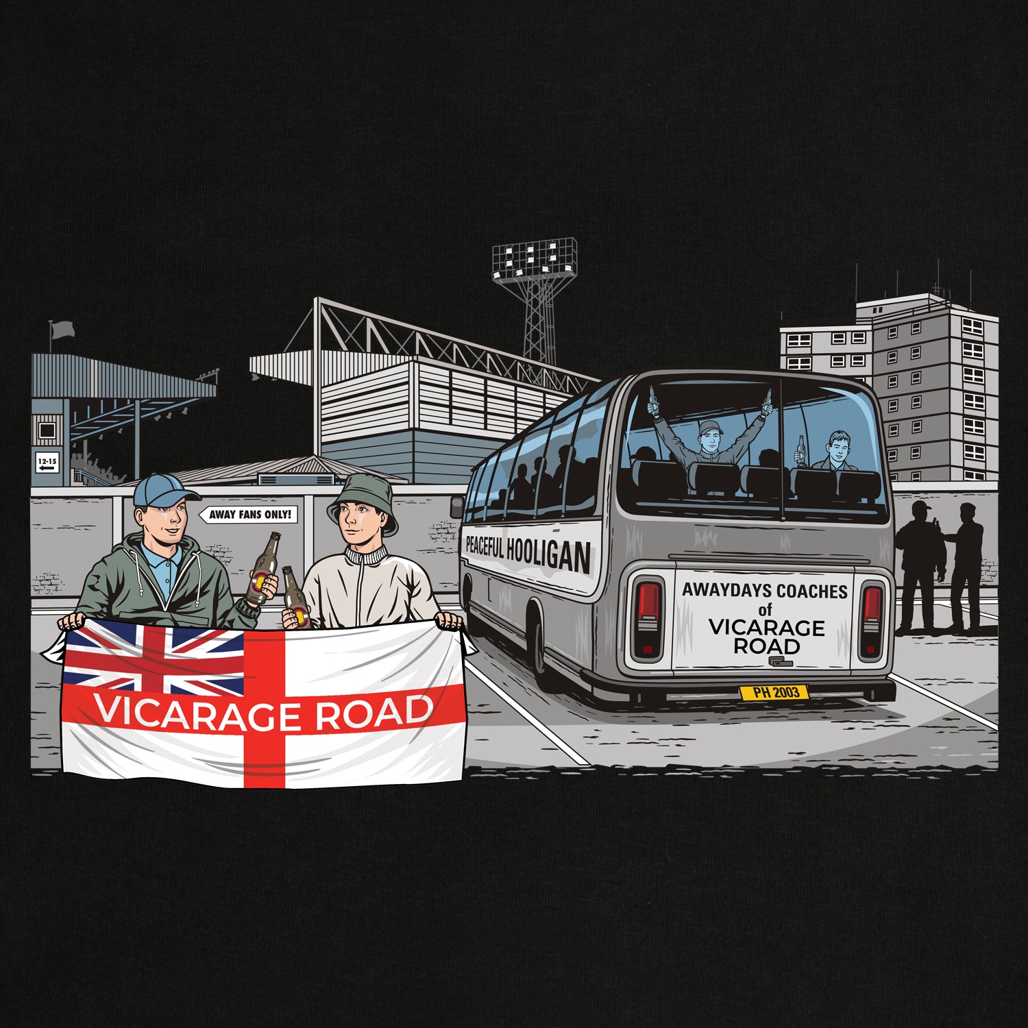 Vicarage Road Awaydays T-Shirt Black - Peaceful Hooligan 