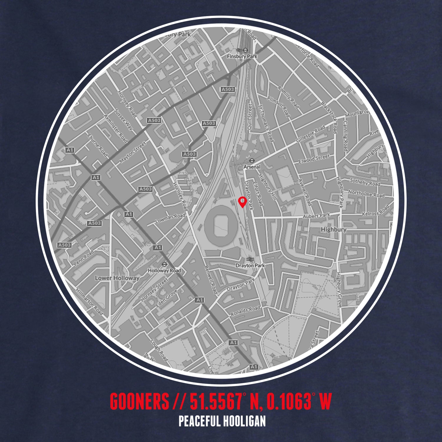 Gooners Location Hoodie Navy - Peaceful Hooligan 