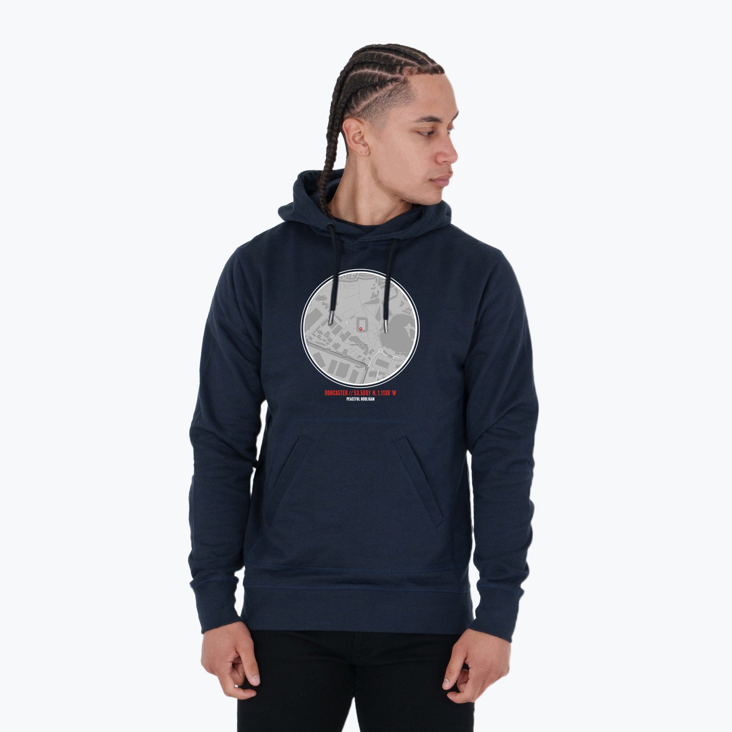 Doncaster Location Hoodie Navy - Peaceful Hooligan 