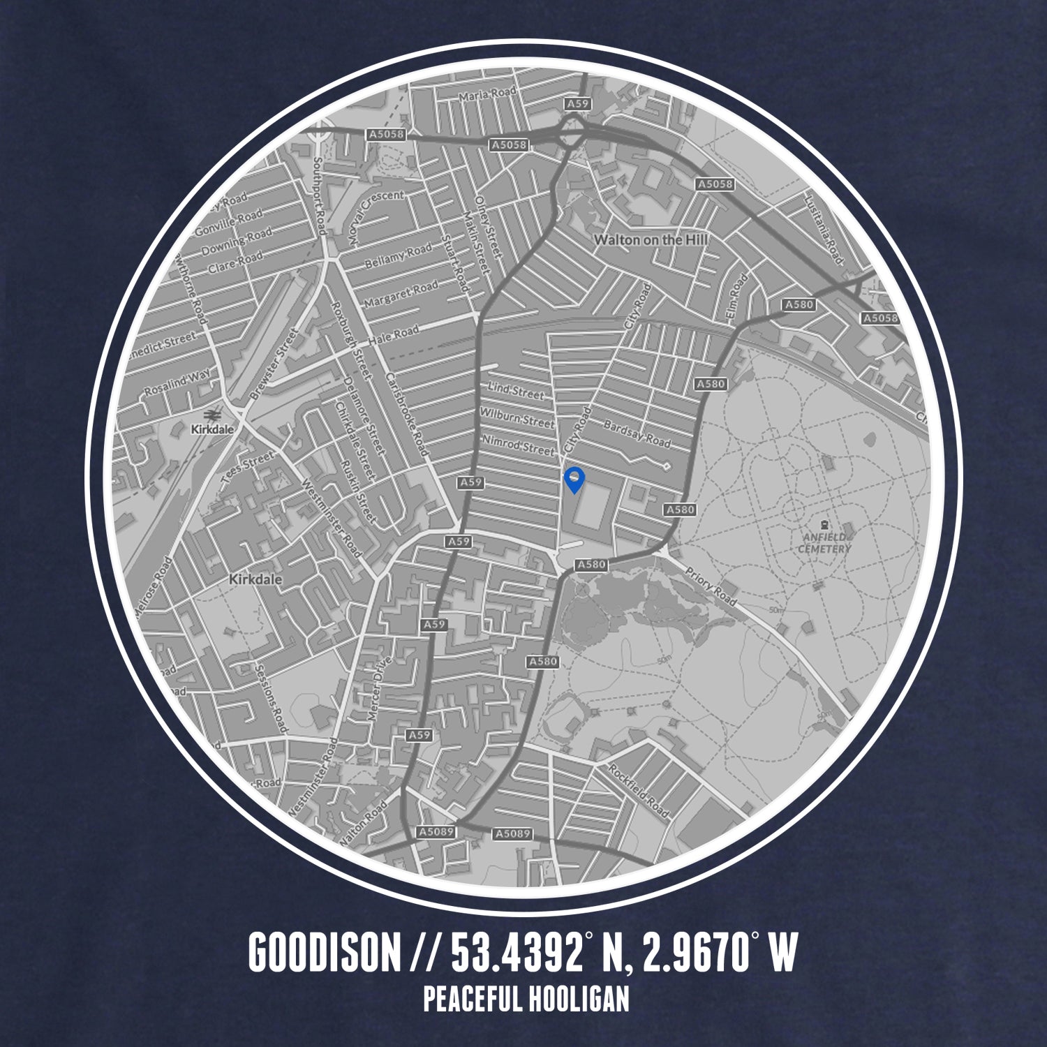 Goodison Location Hoodie Navy - Peaceful Hooligan 