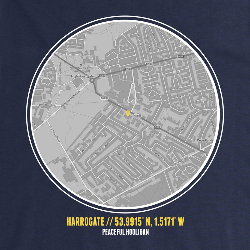 Harrogate Town Location Hoodie Navy - Peaceful Hooligan 