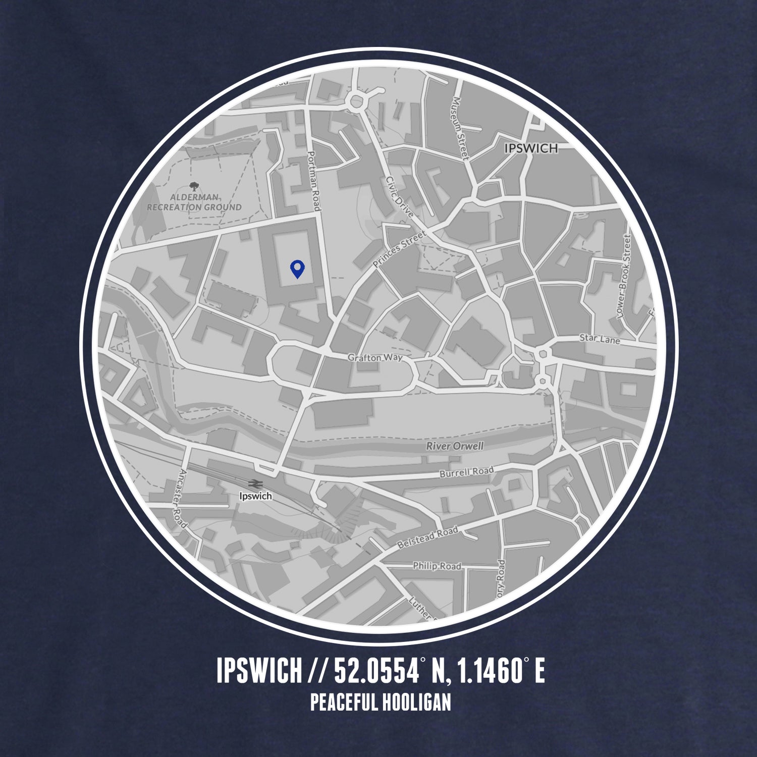 Ipswich Location Hoodie Navy - Peaceful Hooligan 