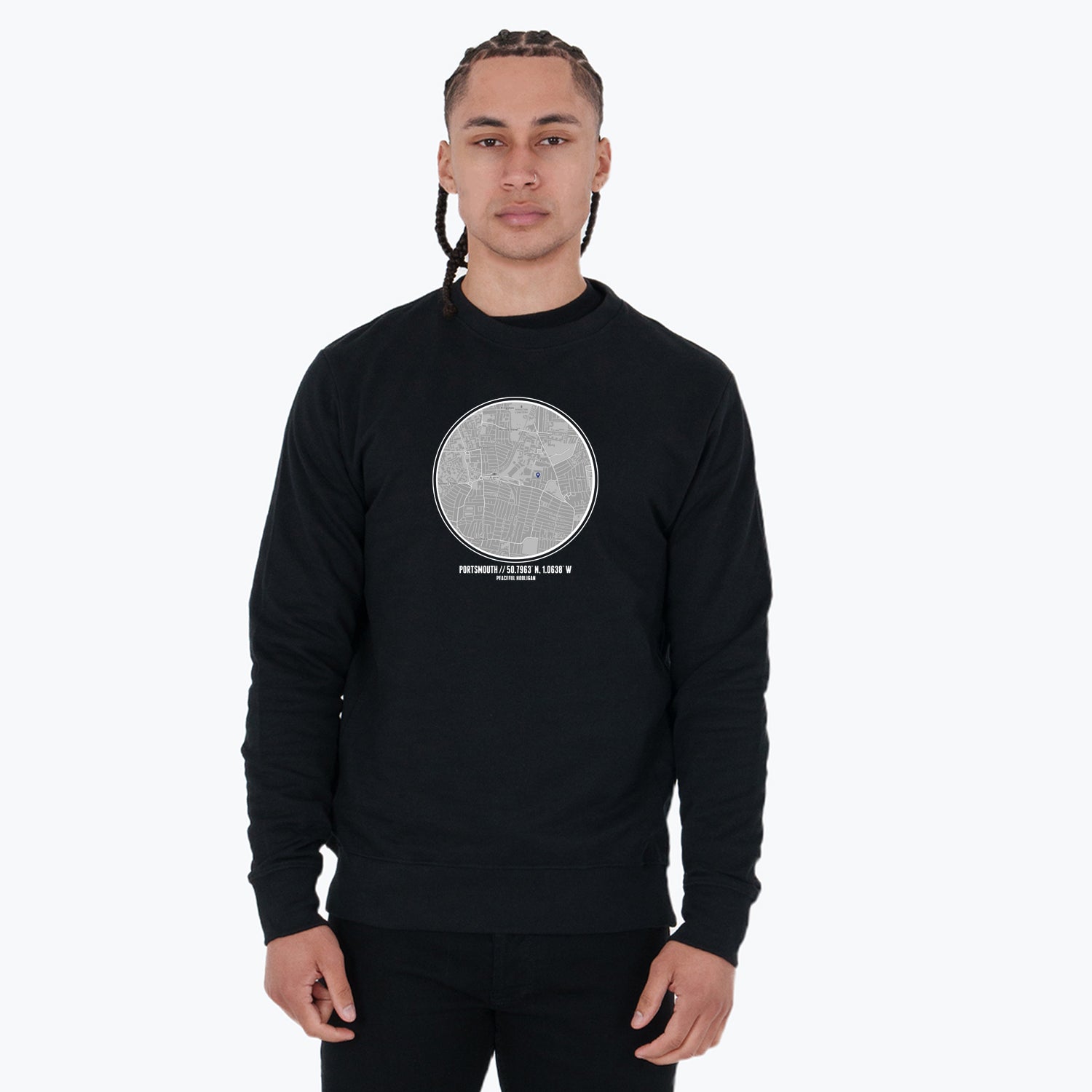 Portsmouth Location Sweatshirt Black - Peaceful Hooligan 