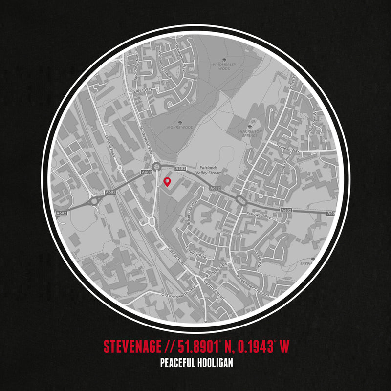 Stevenage Location Hoodie Black - Peaceful Hooligan 