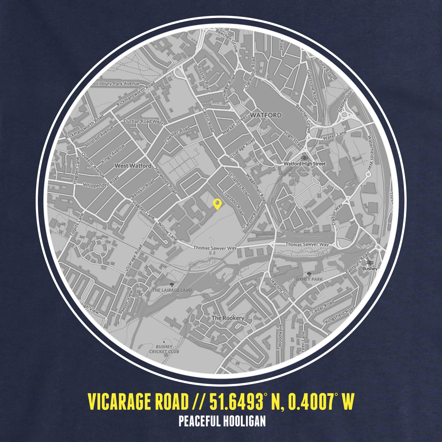Vicarage Road Location Hoodie Navy - Peaceful Hooligan 