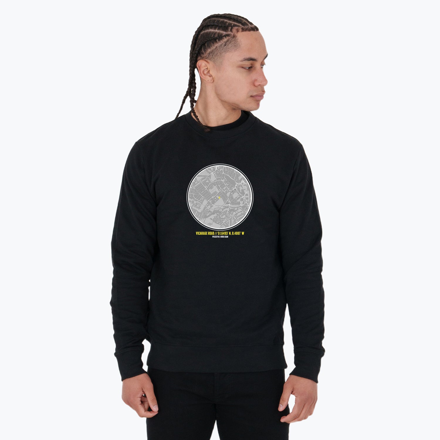 Vicarage Road Location Sweatshirt Black - Peaceful Hooligan 
